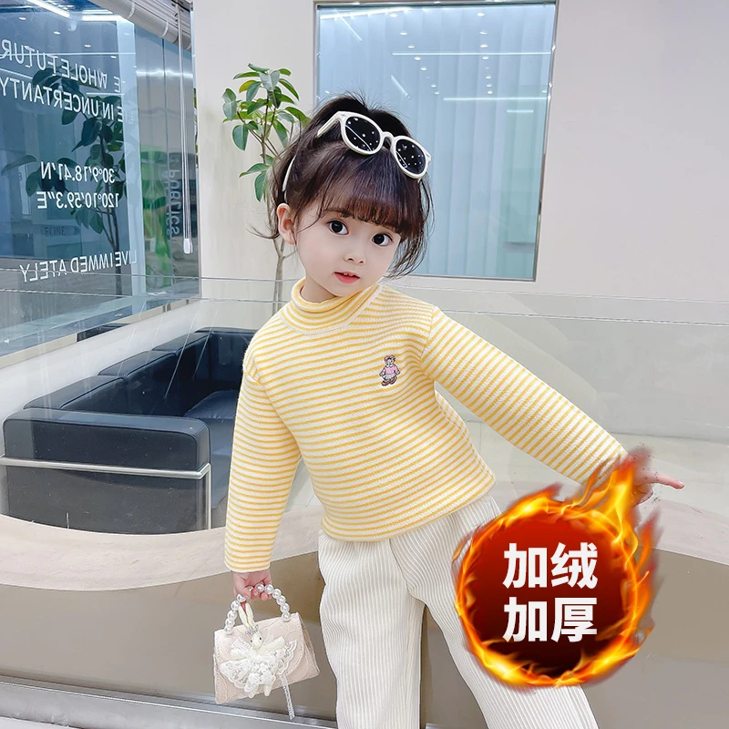 4儿童毛衣加绒秋冬款洋气一体绒条纹针织打底衫宝宝套头长袖T2271