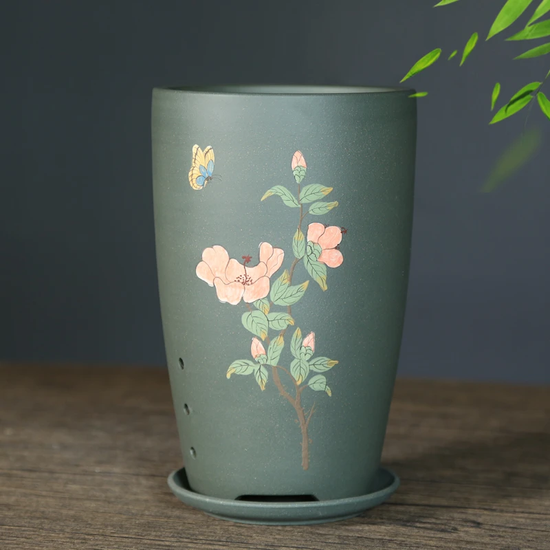 神力紫砂花盆精品花盆兰花盆桌面绿植古典花盆手工泥绘龙蛋带托盆