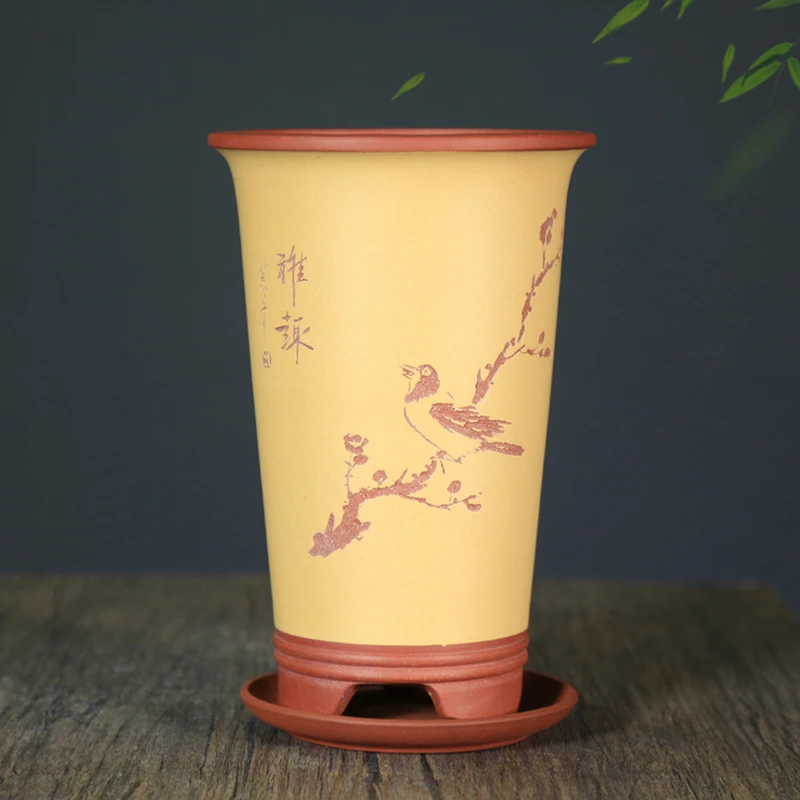 宜兴精品紫砂兰花盆粉浆带托盘古典透气寒兰建兰春兰简约桌面植物