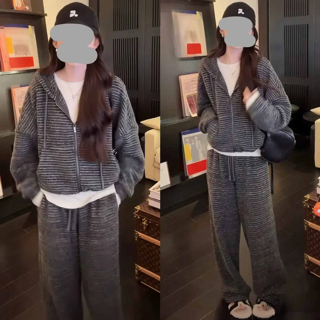 2024秋冬轻奢洋气加厚针织条纹连帽休闲裤子套装时尚韩版运动套装