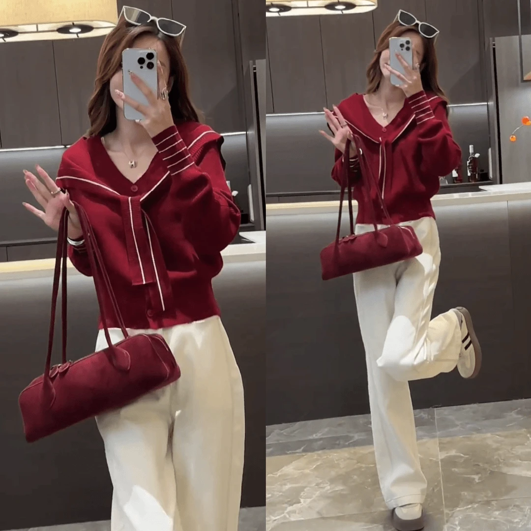 2024秋季时尚百搭拼接坎肩长袖V领针织衫显腿长直筒牛仔裤套装