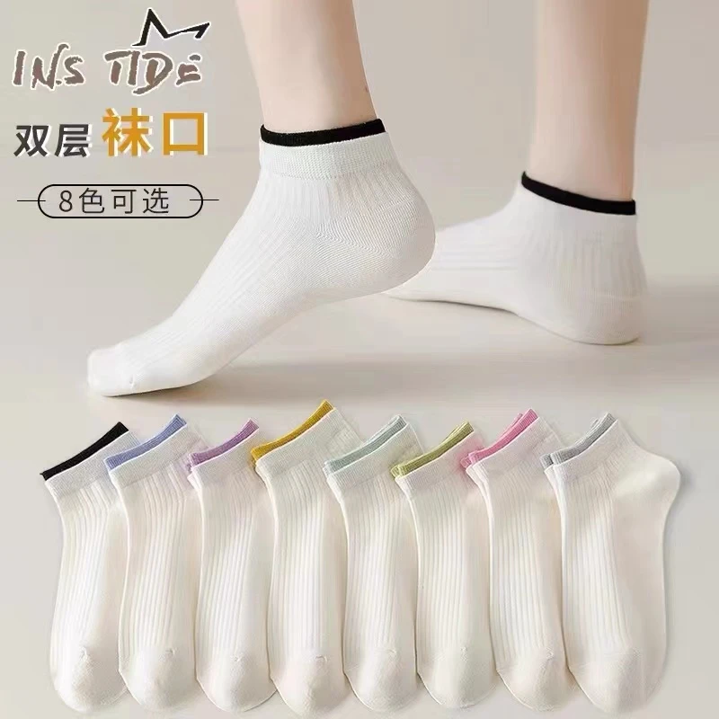拼接双色双罗口可爱双层精疏棉日系船袜竖条短筒低帮少女舒适透气
