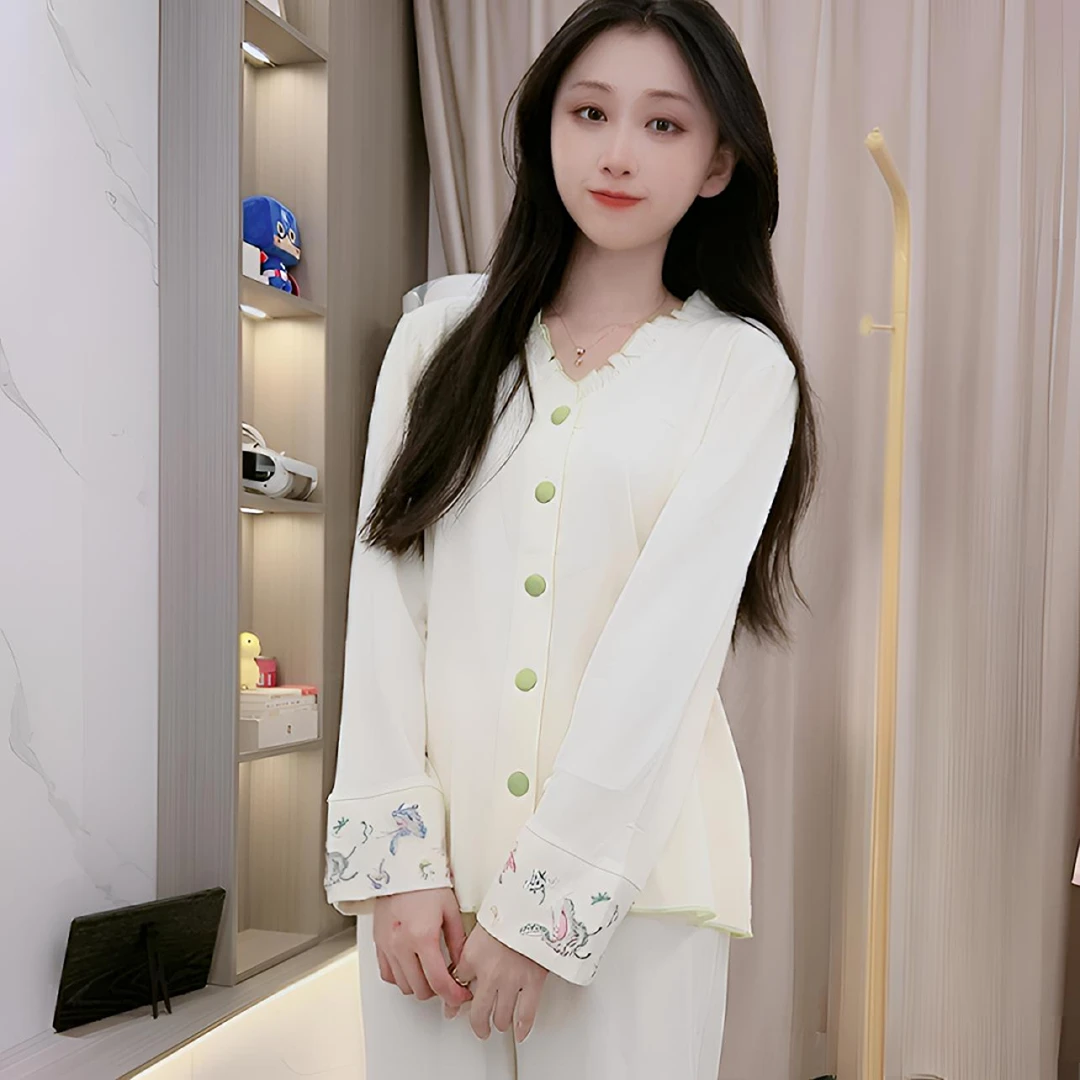 【梦境旗舰】带胸垫长袖套装睡衣女套装月子家居服女款宽松时尚