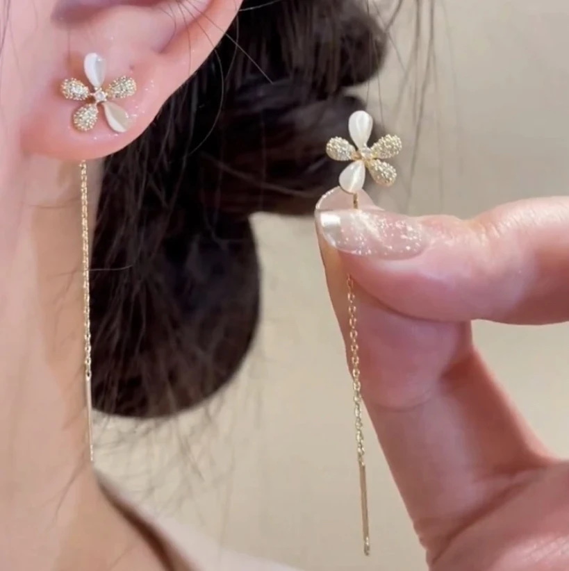 铜合金耳饰 小众设计感猫喵眼石花朵流苏耳线精致气质耳夹女仙美