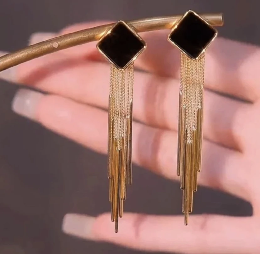 铜合金耳饰 黑色菱形流苏气质百搭高级感耳饰无耳洞耳夹