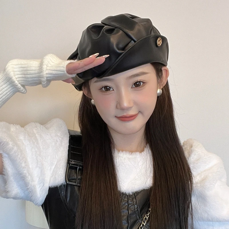 温柔少女~高品质黑色pu皮质贝雷帽女日系褶皱蓓蕾复古画家帽秋冬