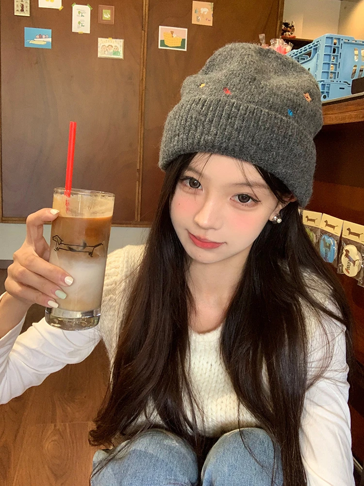 小熊拿铁 韩版卡通刺绣针织帽女秋冬加厚保暖大头围毛线帽显脸小