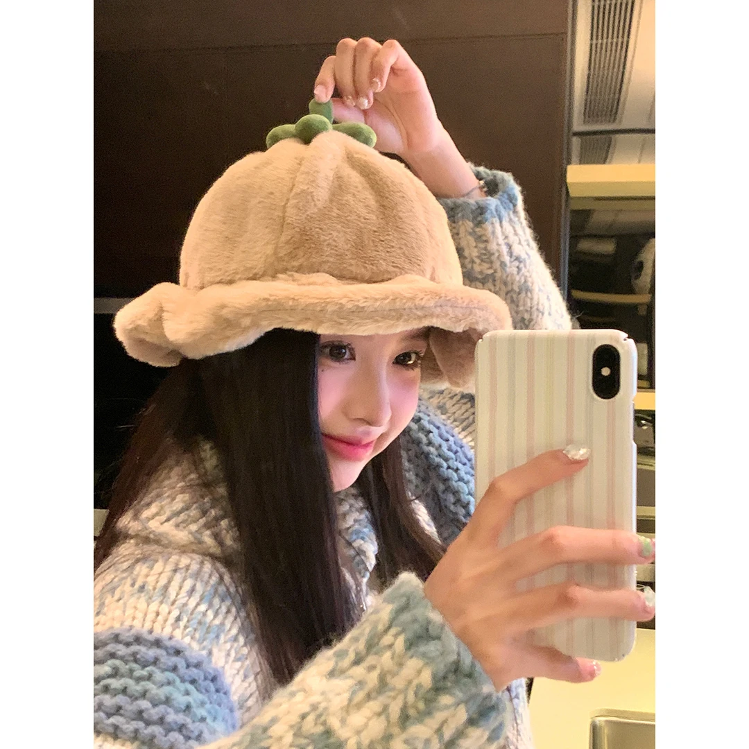 秋冬御寒保暖盆帽韩时尚百搭可爱卡通柿子毛绒卷边渔夫帽女显脸小