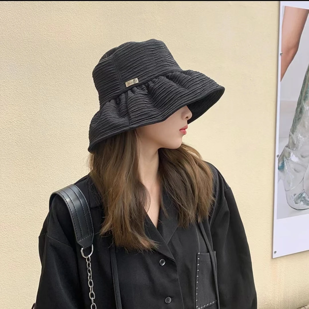 ins韩版千层褶皱渔夫帽子女大沿复古折叠显脸小防晒遮阳太阳盆帽