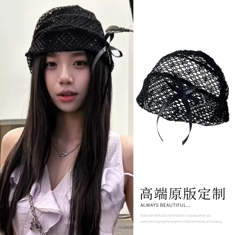 韩系ins黑色蝴蝶结镂空冷帽时尚小众辣妹堆堆帽弹力包头针织帽潮