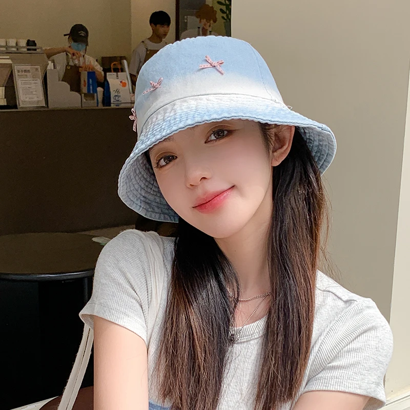 日系高级感牛仔渔夫帽女2024新款夏日甜美可爱素颜遮阳盆帽显脸小