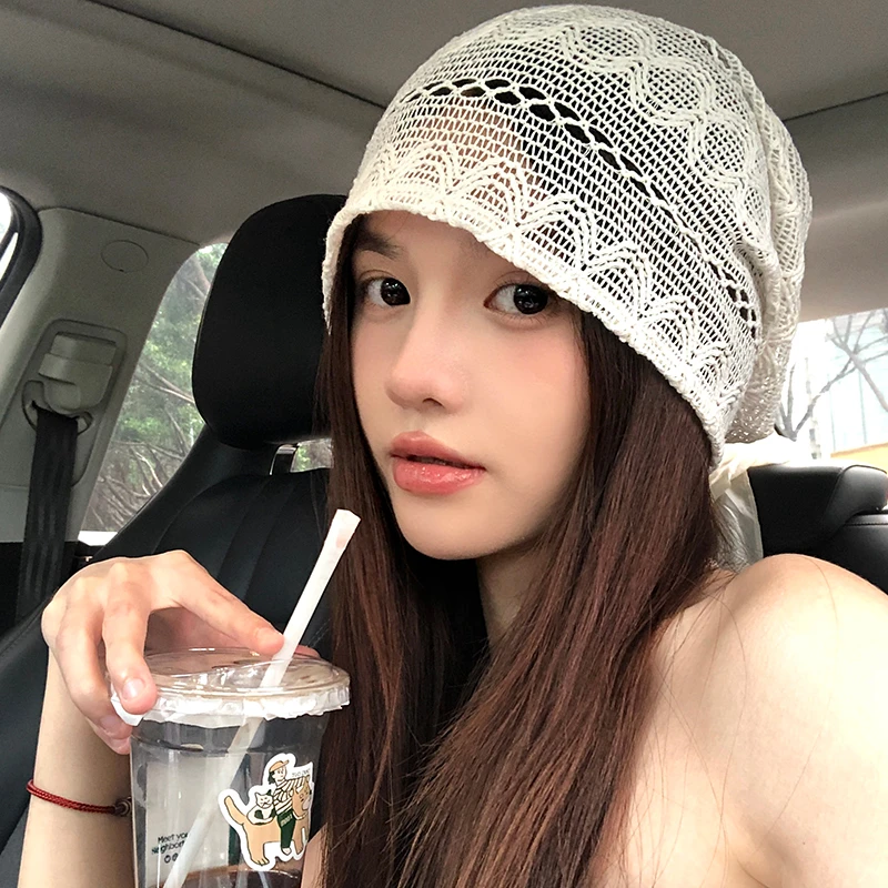 2024新款纯色镂空堆堆帽子女夏季薄款套头帽冷帽文艺风百搭包头帽