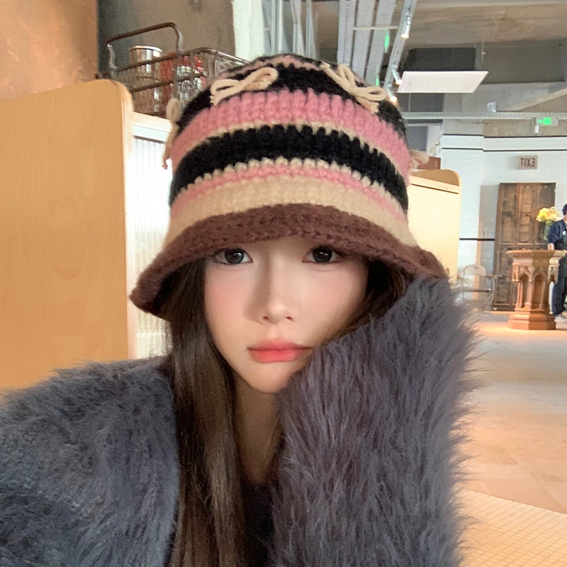 小众手工编织渔夫帽子女秋冬多巴胺蝴蝶结针织帽子甜美可爱毛线帽
