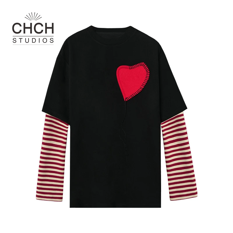 JY3TXD123546设计爱心拼接条纹袖假两件潮百搭长袖T恤女休闲时尚