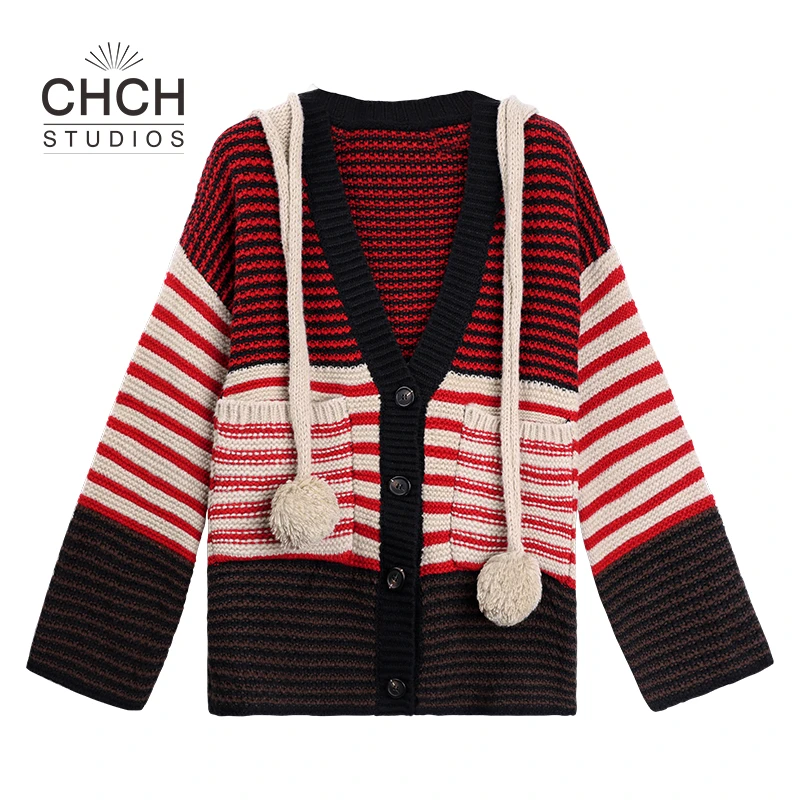 JY3KSD123610设计感撞色球球连帽时尚百搭针织开衫女