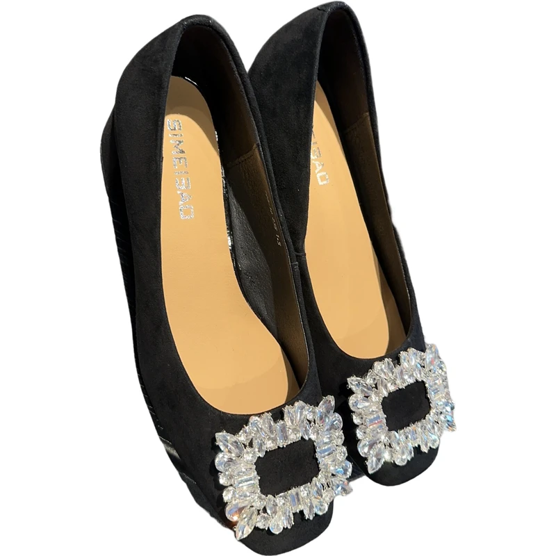 780-18大钻扣三公分黑色气质女跟鞋女士真皮皮鞋粗跟