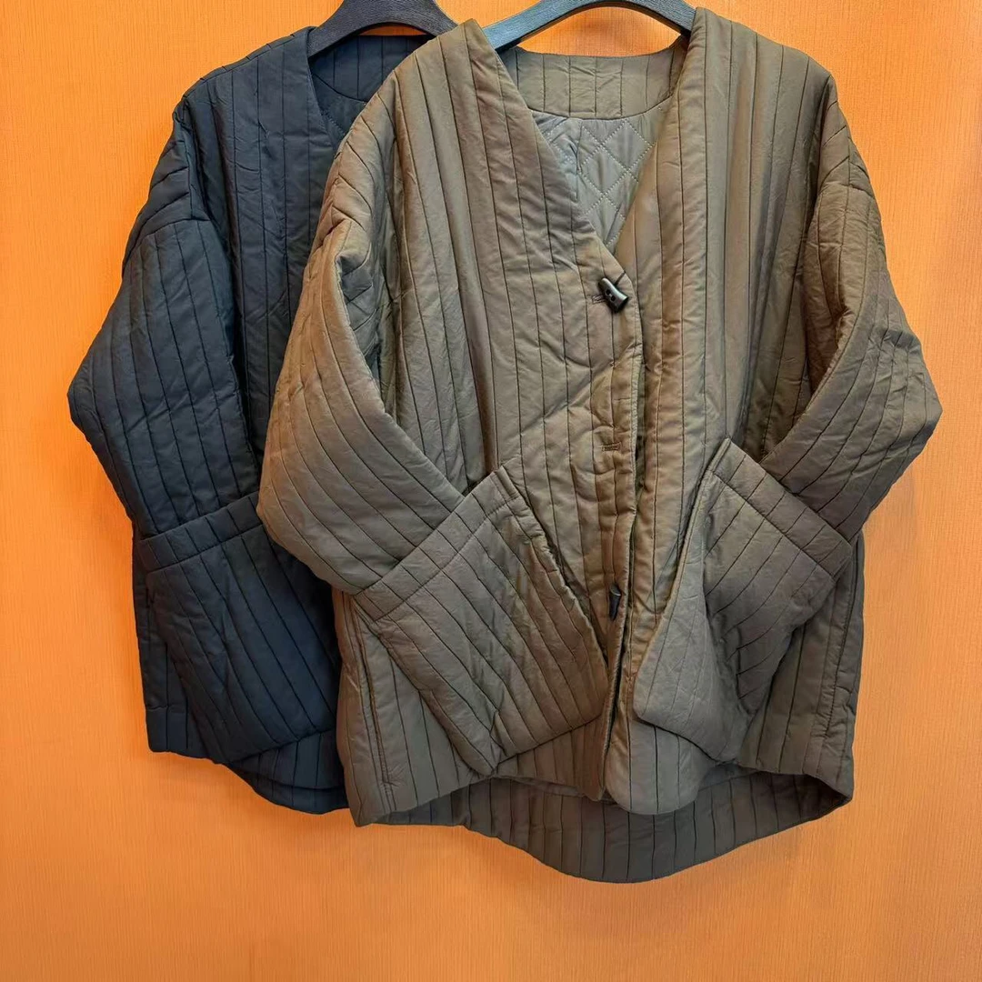 大V领单排扣轻便条格棉服 时尚休闲百搭夹棉外套2968