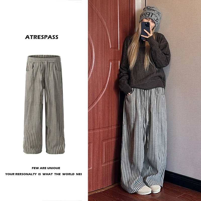 ATRESPASS 秋冬垂感条纹休闲裤子男女复古宽松高级感直筒阔腿裤