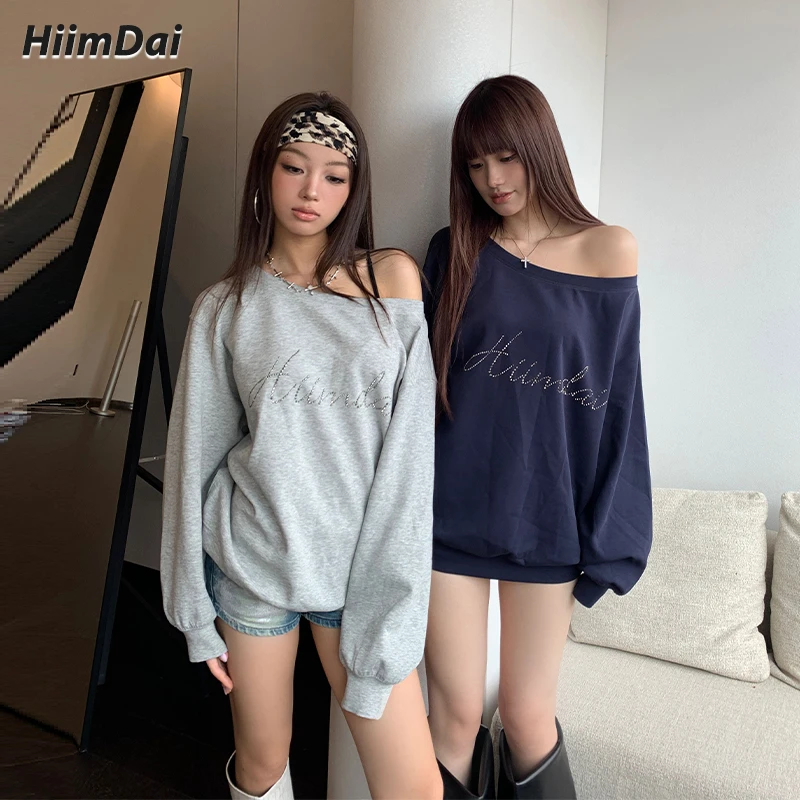 HiimDai 一字肩斜肩卫衣 定制烫钻 空气感宽松茧型长款露肩卫衣