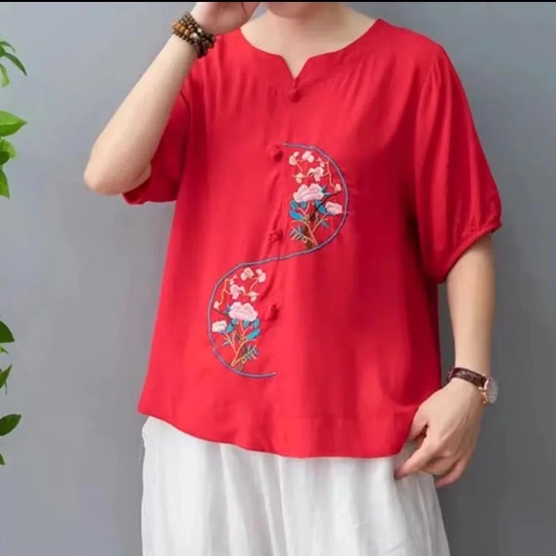2024夏季时尚女士大码妈妈装复古文艺中国风绣花宽松休闲半袖