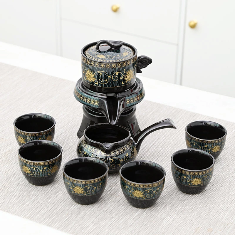 陶瓷石磨自动功夫懒人旋转茶具9件套家用客厅茶具高级一整套