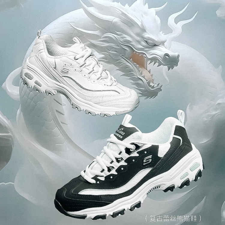 斯凯奇蛟龙戏水【蕾丝熊】四季熊猫鞋女鞋蕾丝轻奢气质网红小白鞋