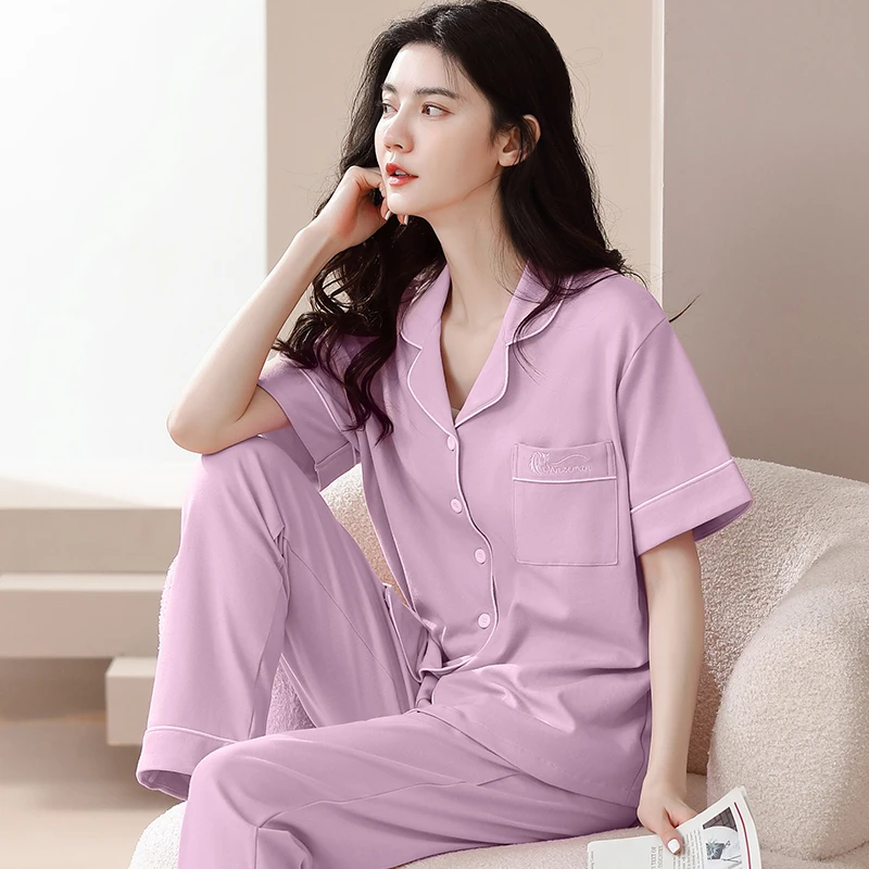 100%纯棉短袖长裤反领时尚女夏季圆领韩版宽松休闲青年家居服套装