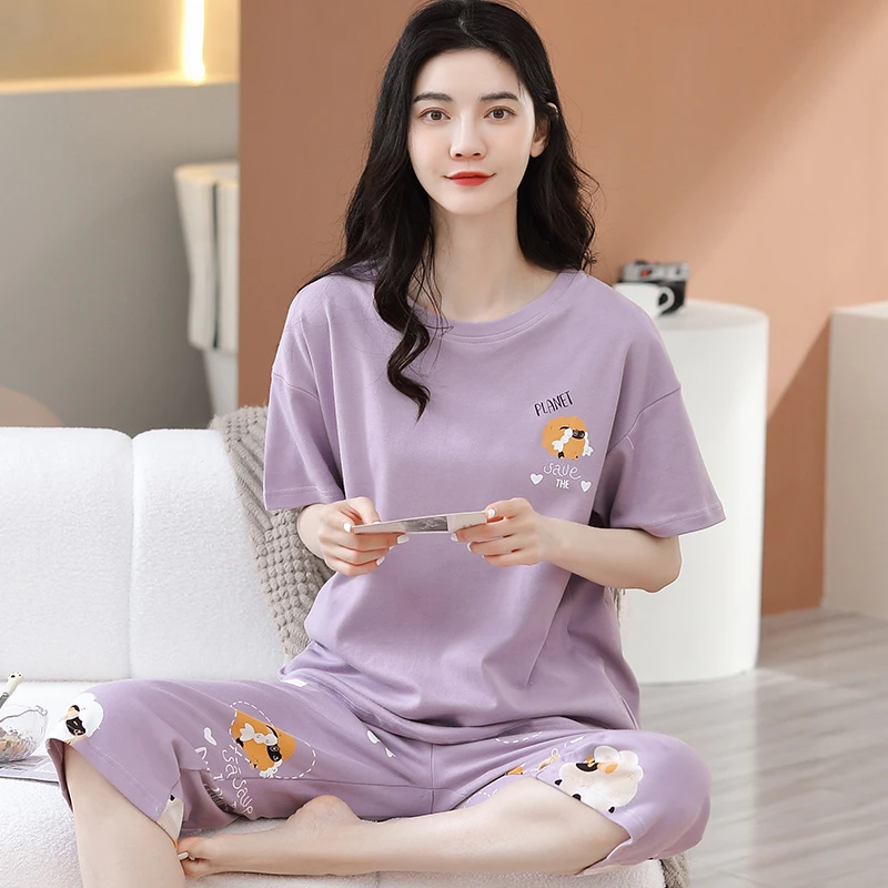 100%全棉短袖七分裤睡衣女夏宽松可外穿圆领休闲热销款家居服套装