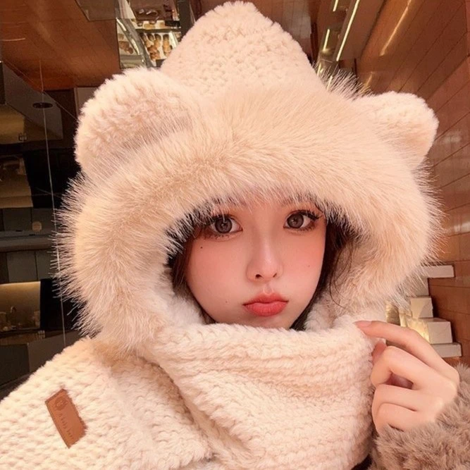 秋冬季爆款帽子围巾手套三件套加绒加厚保暖防风一体帽子女
