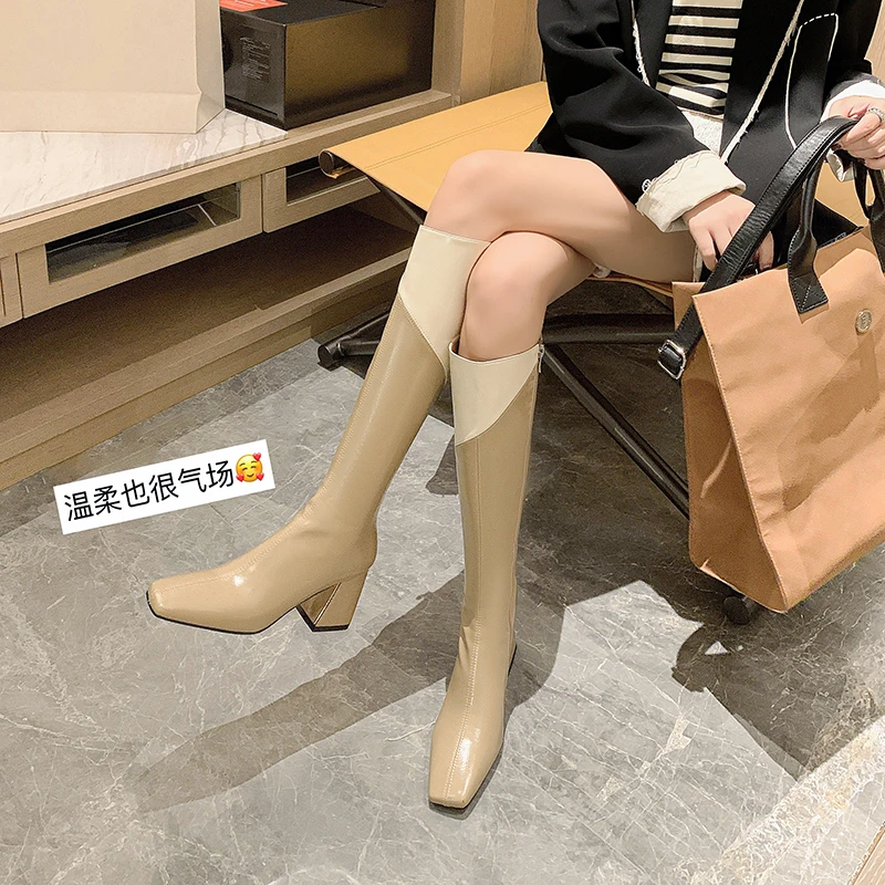 迪茜手工女鞋/6CM/黑/杏/2023秋冬新款粗高跟拼色长筒靴骑士靴女