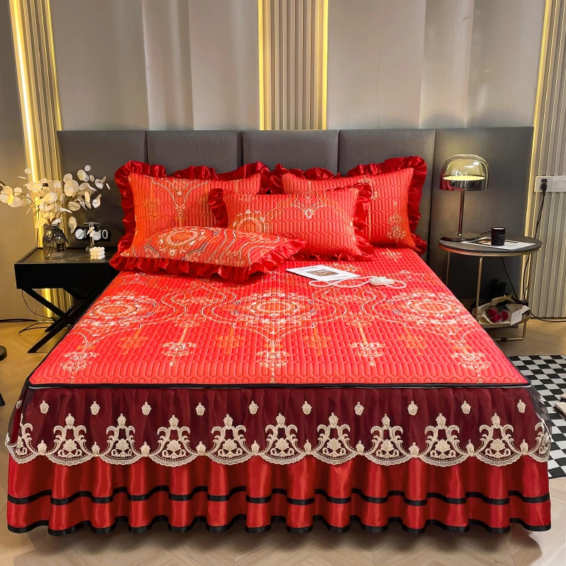 欧式床罩冰丝凉席三件套床裙款凉感蕾丝花边夹棉可拆卸可机洗软席