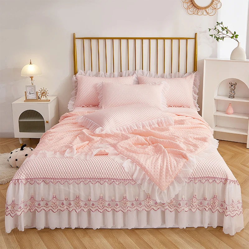 公主风韩式少女心花边凉豆豆席夏被四件套防滑折叠席空调席可机洗