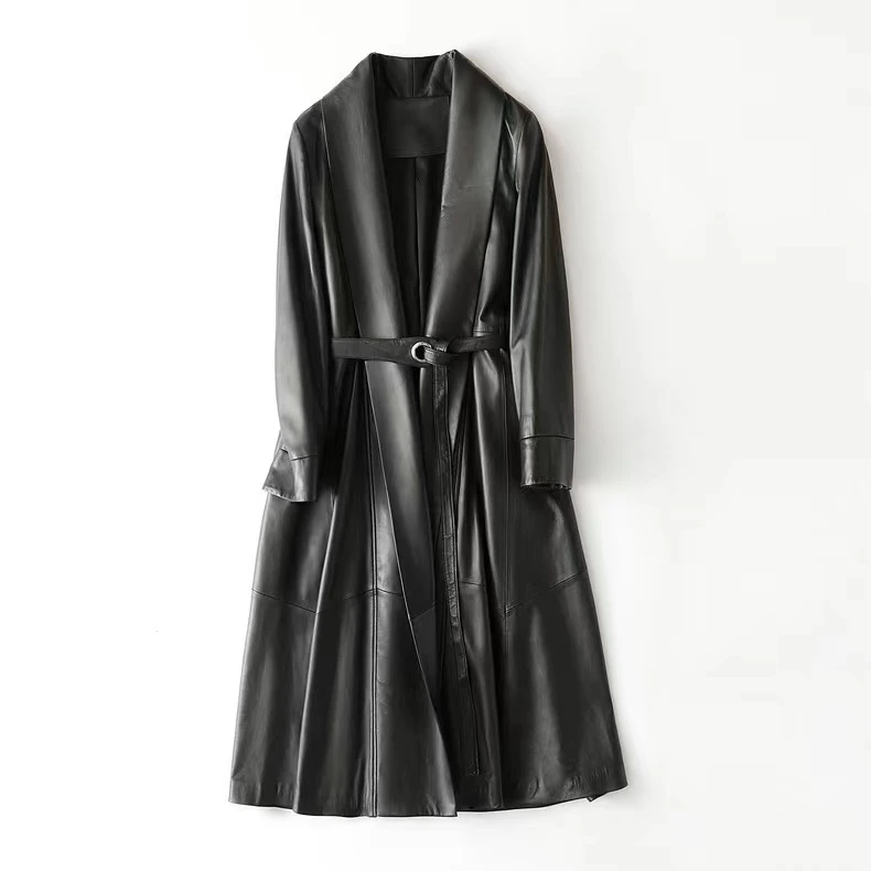 海宁2025春新款真皮皮衣女中长款绵羊皮风衣腰带修身显瘦百搭外套