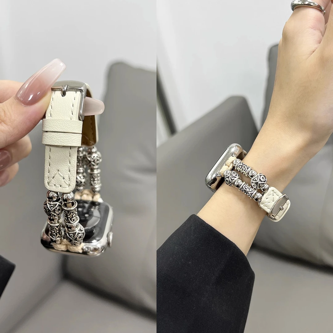 适用iwatch S7/8代手表带se女新款applewatch564小香风真皮质表带