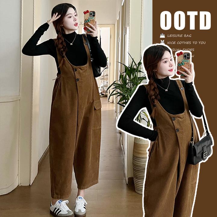 孕妇套装秋冬2024新款减龄灯芯绒背带裤半高领打底两件套装孕妇装