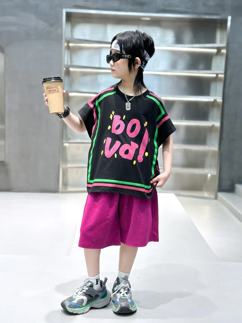 【炫酷e族】2024年儿童女童运动男童洋气时尚休闲夏季韩版字母套装