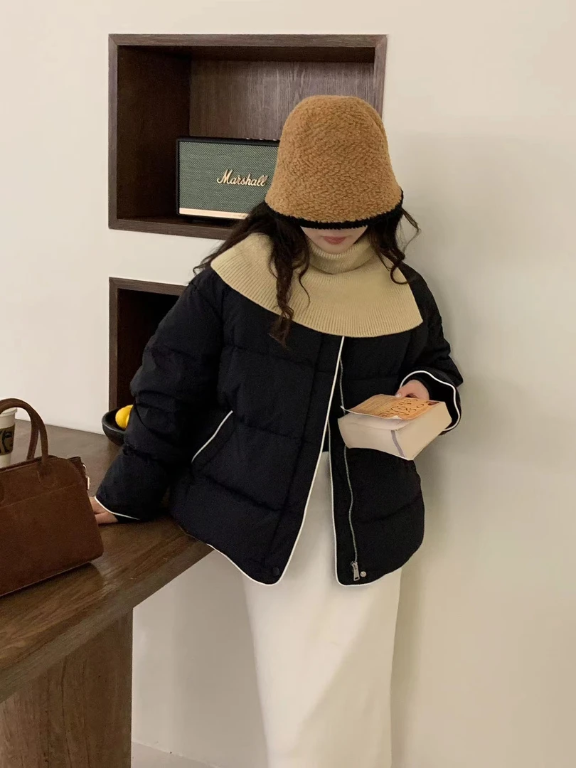撞色包边围脖面包服2024新款羽绒服-9478