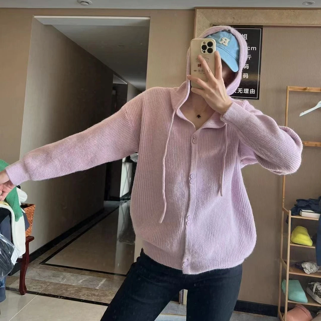 2024春新款连帽新款针织衫女开衫韩版双扣女装外套长袖针织衫百搭