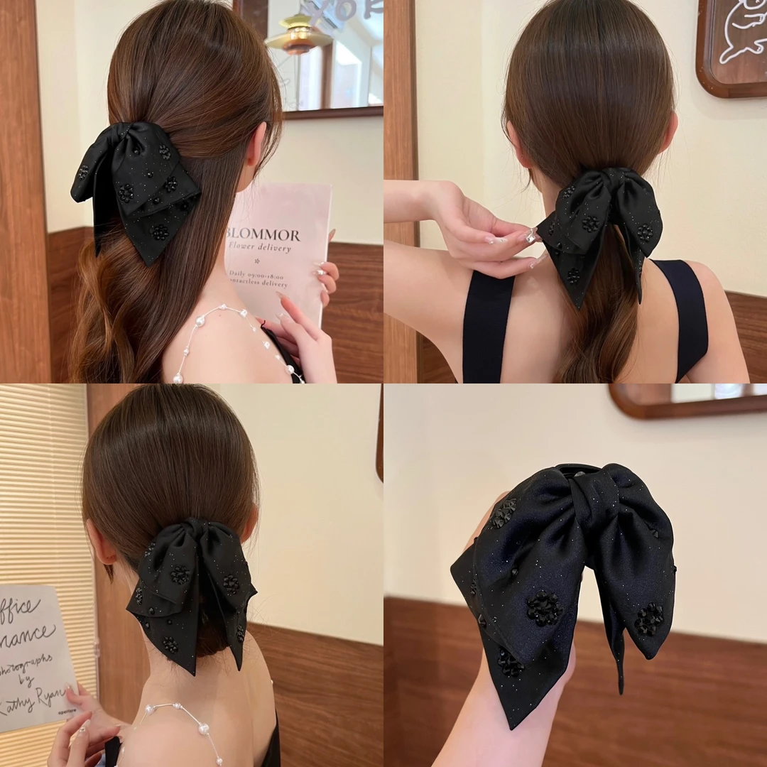 花语抓夹黑色法式大蝴蝶结飘带懒人抓夹显层次复古高级感发饰头饰