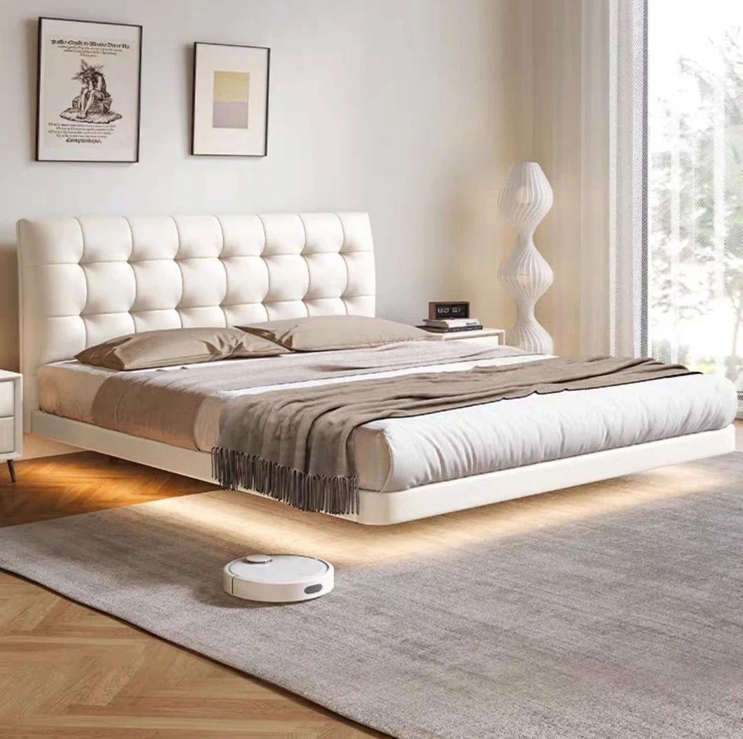 【顶配版】华夫格感应悬浮床意式头层牛皮主卧智能灯带轻奢大主卧室