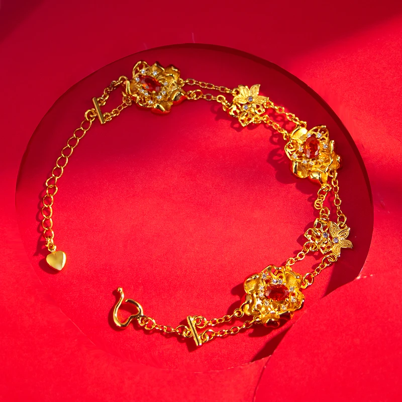 铜合金手链 黄金色锦锈团花手链女款轻奢镂空花手链微镶红锆石