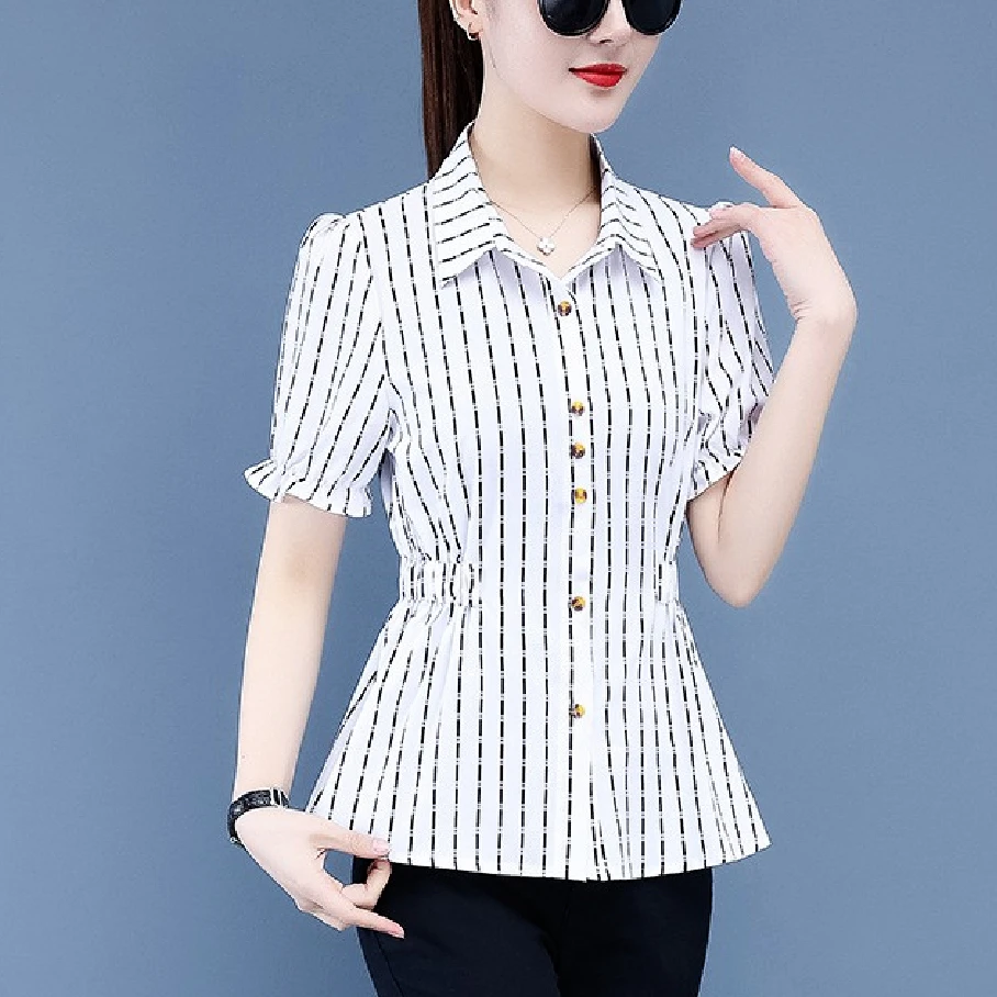 夏季新款雪纺短袖衬衫女上衣韩版修身条纹百搭衬衣收腰职业装女装