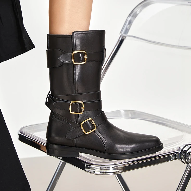 真皮中筒靴女皮带扣小个子黑色尖头靴子时尚百搭皮靴G23AW0993