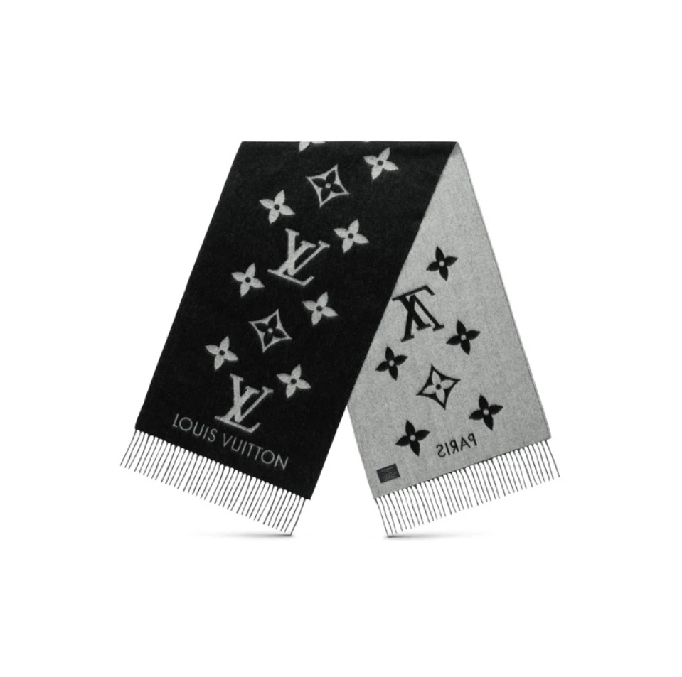 全新未使用 LouisVuitton LV双面羊绒老花流苏黑灰围巾 男女同款