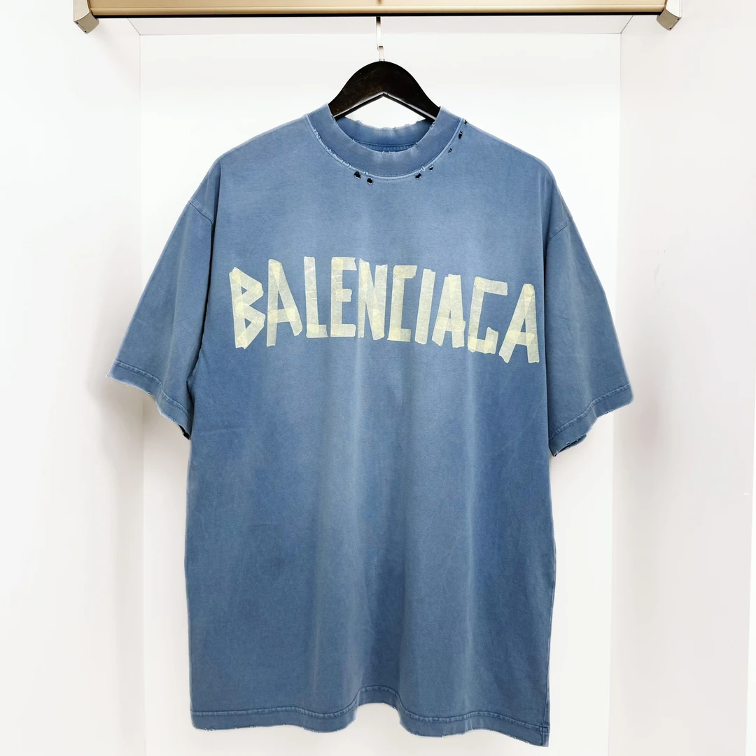 全新未使用 Balenciaga巴黎世家新款胶带印花蓝色领口破坏短袖