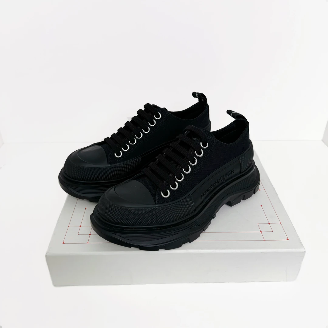 全新未使用 AlexanderMcqueen MCQ 黑色系带帆布低帮厚底鞋马丁鞋