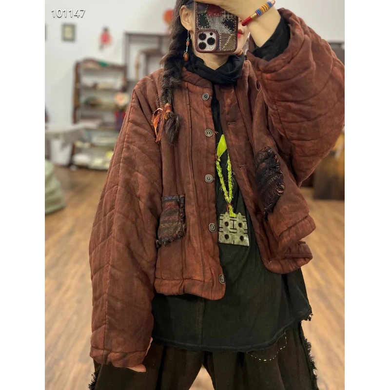 8672棉麻炒色加棉加厚短款棉衣外套复古文艺百搭