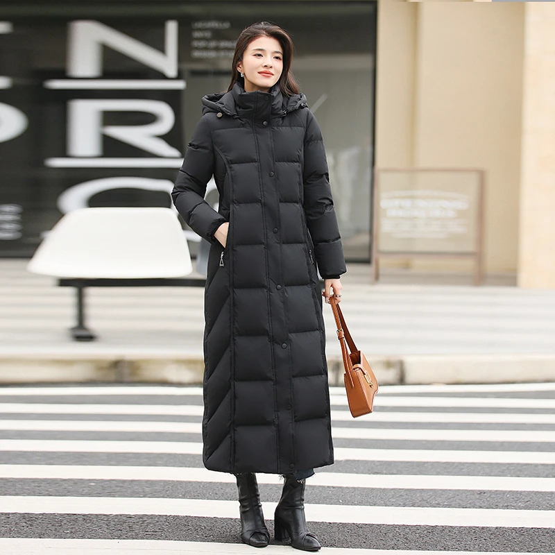超长款羽绒服女长过膝加厚95白鸭绒修身时尚连帽防风保暖2025新款