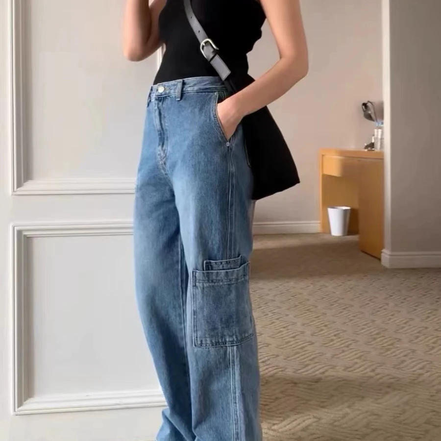 韩国东大门mynameis女2024春季口袋高腰显瘦直筒百搭牛仔裤