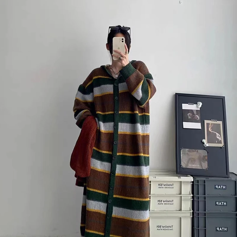 【于月专属】韩版条纹撞色·连帽针织开衫外套女慵懒宽松软糯毛衣裙